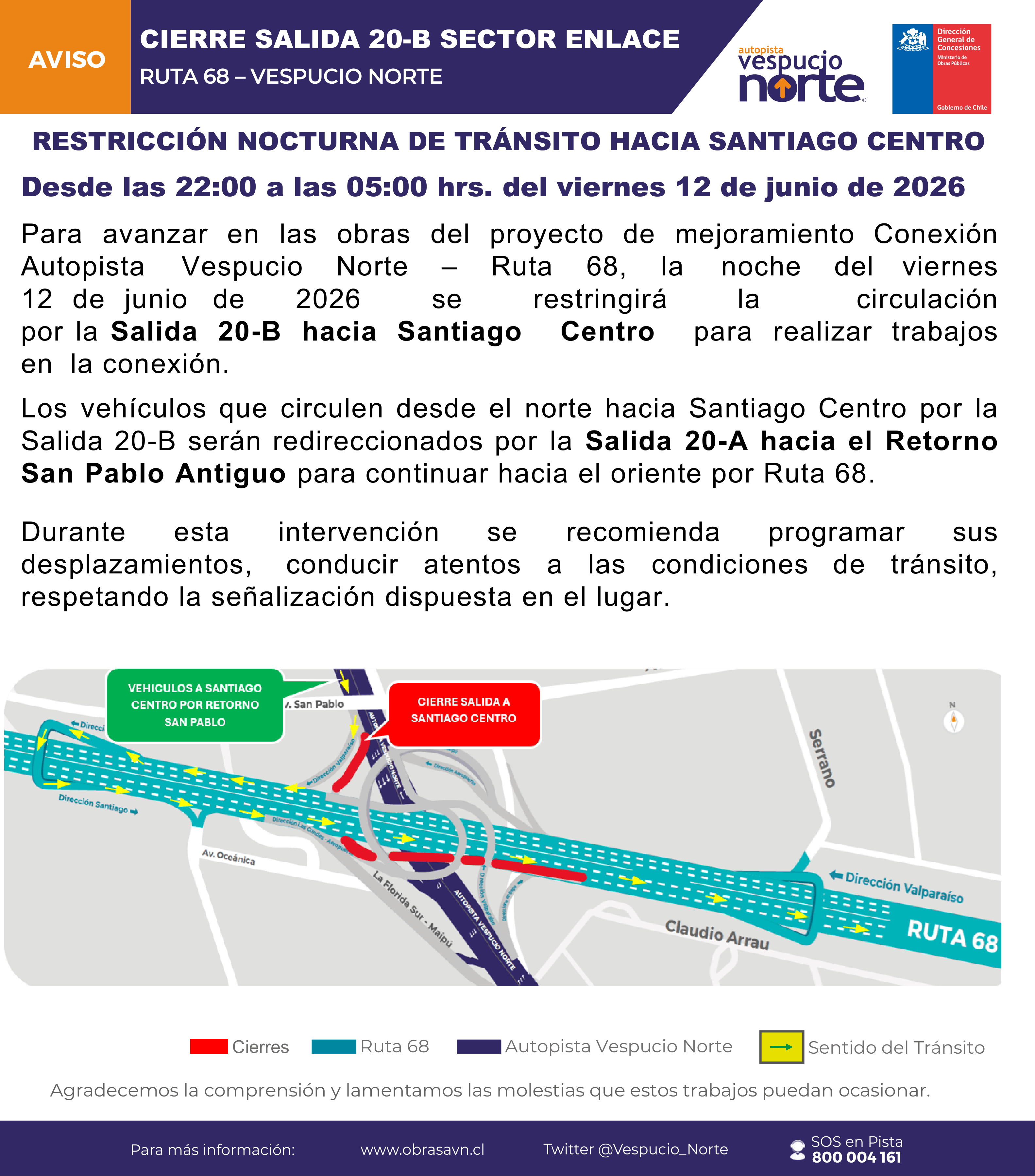 CIERRE NOCTURNO DE RAMAL 20 EN DIRECCIÓN A SANTIAGO CENTRO POR RUTA 68