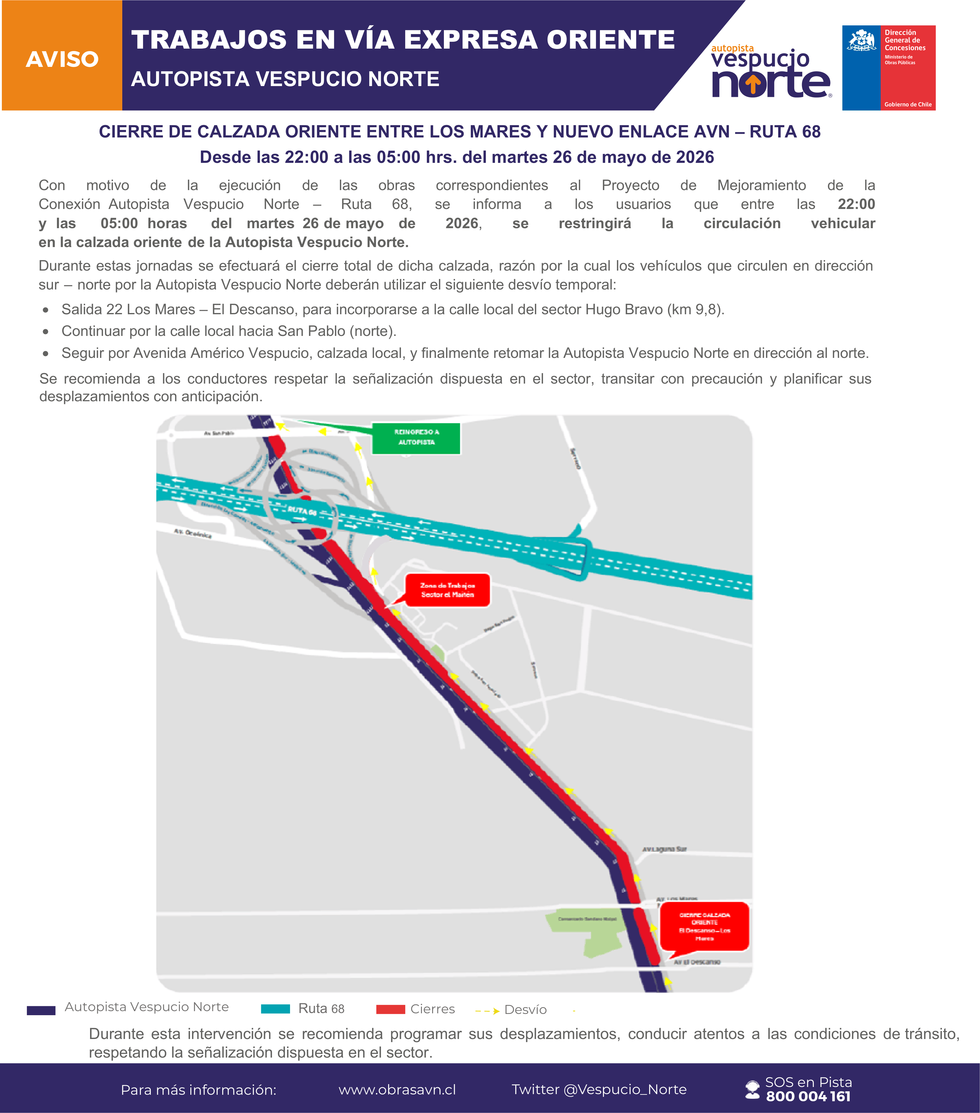 Restricción de calzada oriente AVN (dirección al norte).